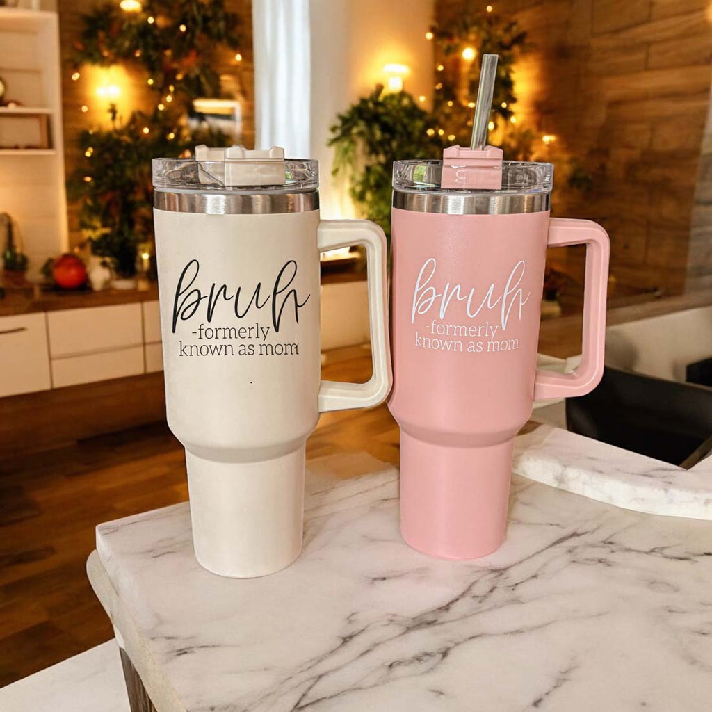 40oz Tumbler Insulated Travel Cup With Handle Lid Straw Funny Bruh Mom Gift
