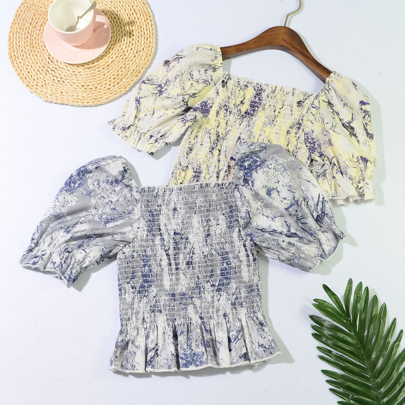 Slim Blouse French Style Tops Leaves Flower Print  Shirt women Elastic Body women's clothing official