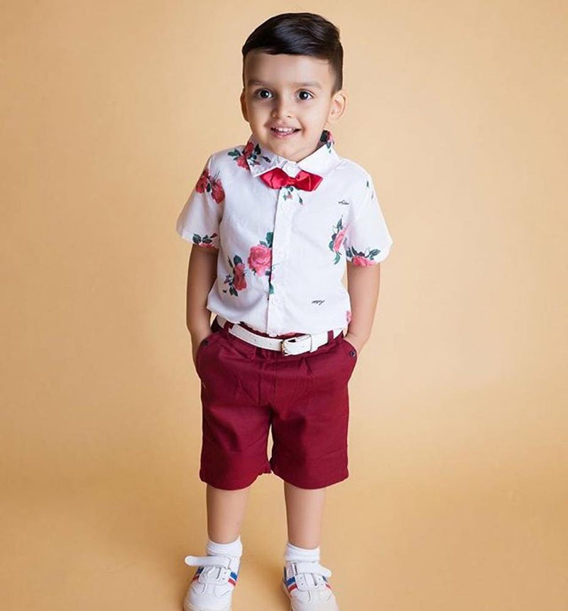 Floral Boy Gentleman Outfits Suit Short Sleeve Toddler Bow Tie Shirt Tops +Red Shorts Summer Set For Boy Kids Form 1-5 Years