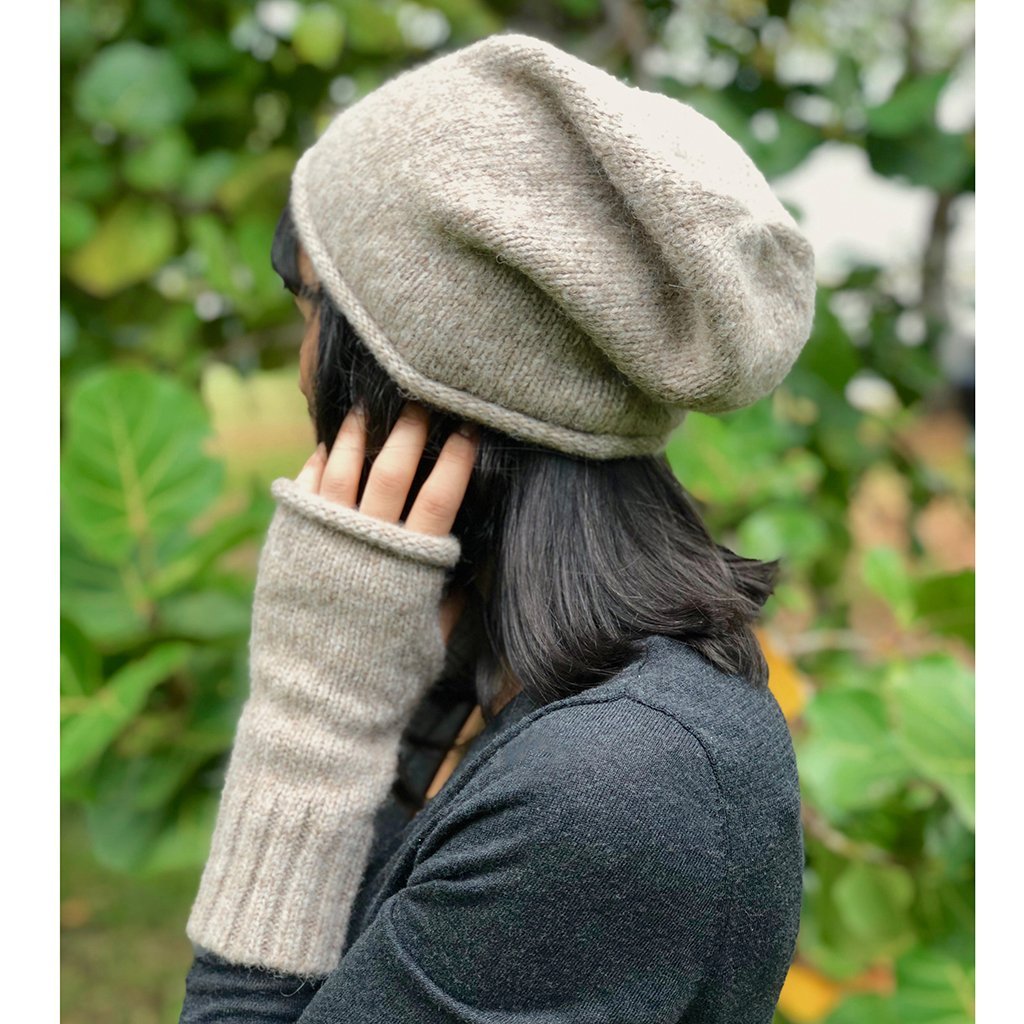 Alpaca Fingerless Knit Gloves Beige Long Ribbed Cuff Thumb Slit Warm Wrist