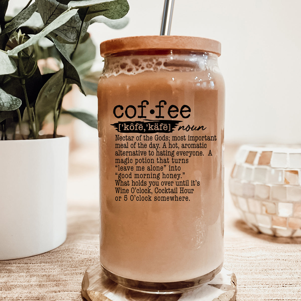 17oz Coffee Glass Tumbler With Bamboo Lid And Reusable Straw For Hot Cold