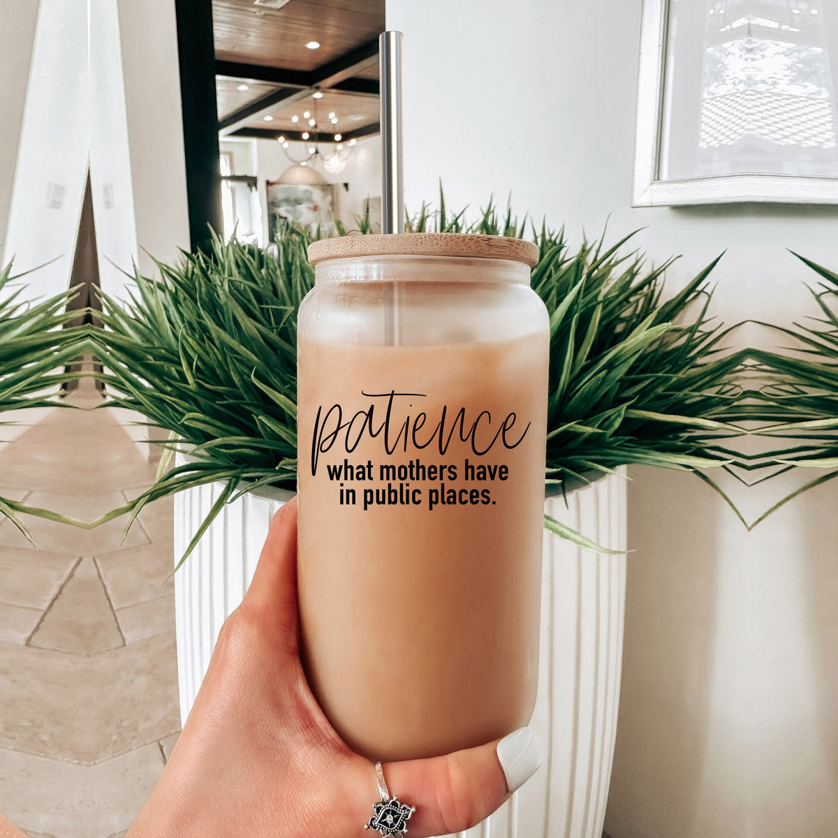 17oz Glass Tumbler With Bamboo Lid And 2 Stainless Straws, Mom Humor