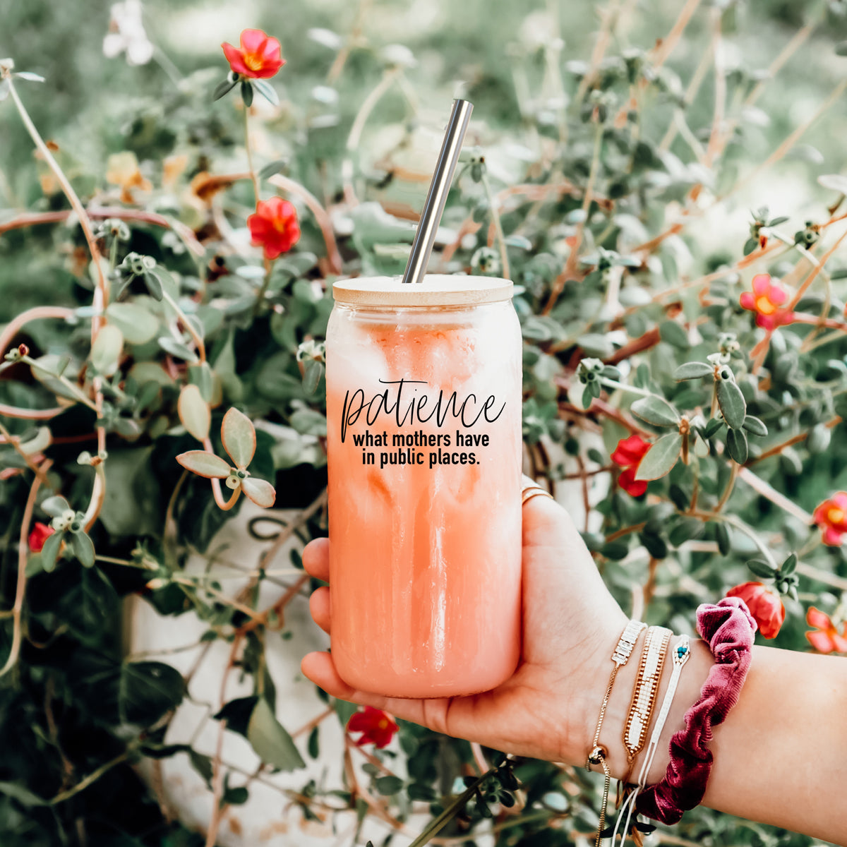 17oz Glass Tumbler With Bamboo Lid And 2 Stainless Straws, Mom Humor